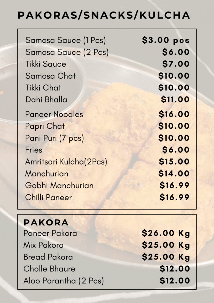 Khalsa Sweets Menu for Breakfast/Lunch 