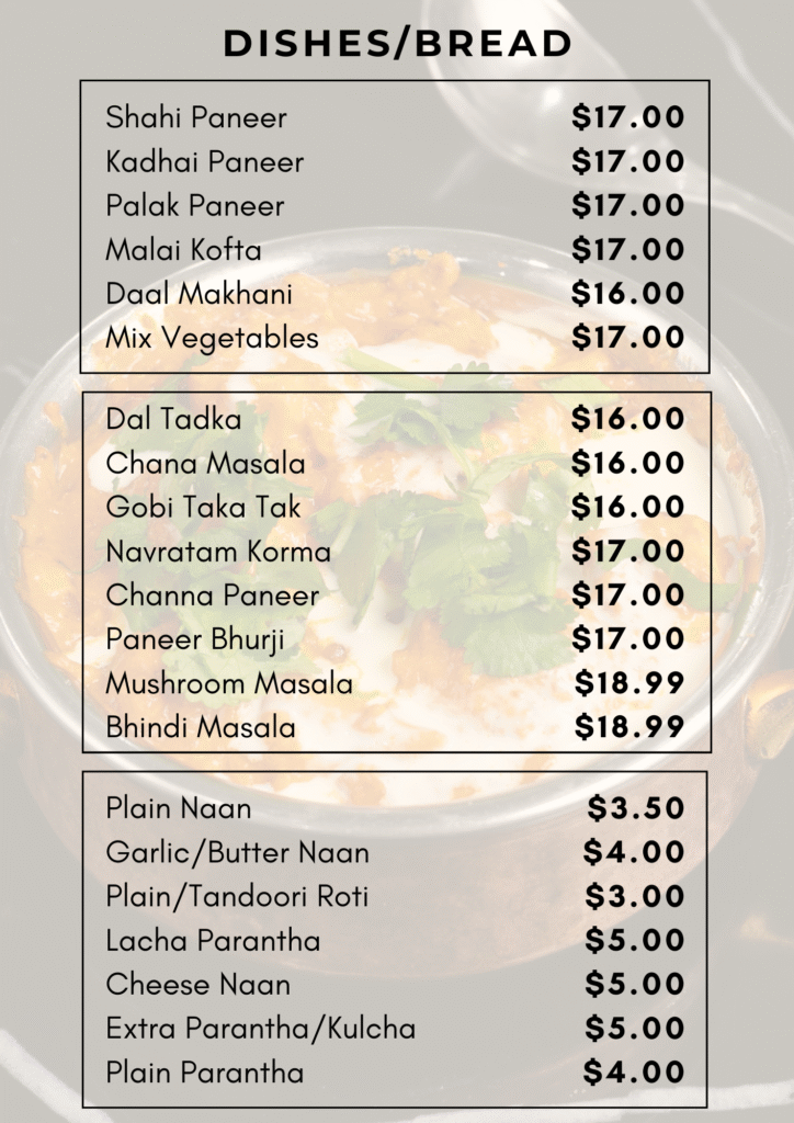 Khalsa Sweets Menu for Lunch/Dinner