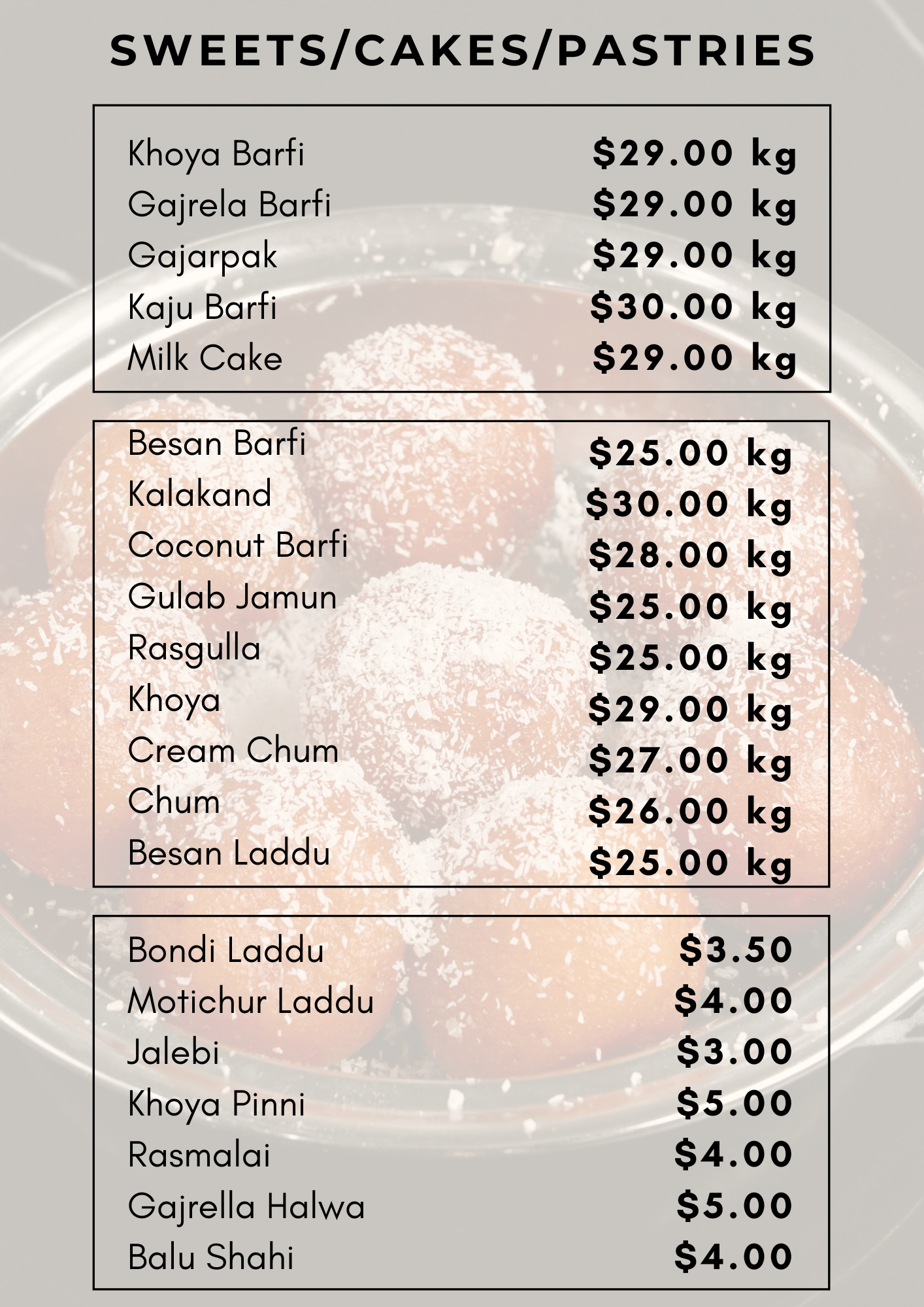 Khalsa Sweets Menu for Sweets/Cakes